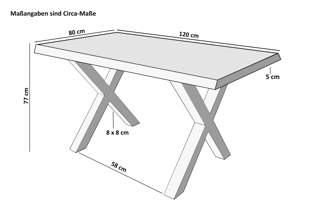 Esstisch Baumkante massiv Mango 120 x 80 X-Gestell silber CALI itemprop=