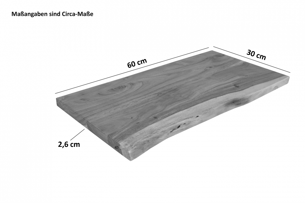 Holzplatte Arya mit echter Baumkante (einseitig), 60 x 30 cm, Akazienholz eichefarben, massiv & lackiert itemprop=