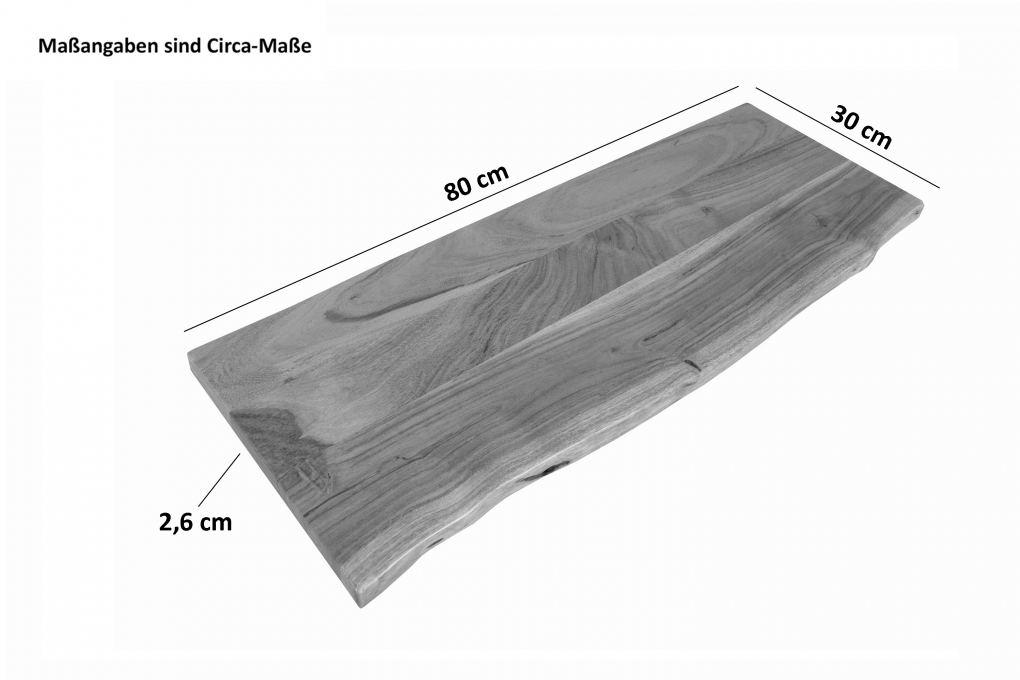 Holzplatte Arya mit echter Baumkante (einseitig), 80 x 30 cm, Akazienholz eichefarben, massiv & lackiert itemprop=