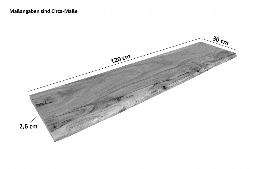 Holzplatte Arya mit echter Baumkante (einseitig), 120 x 30 cm, Akazienholz eichefarben, massiv & lackiert itemprop=