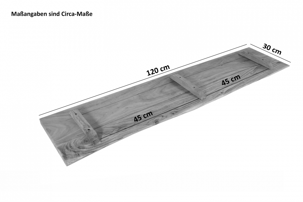 Holzplatte Arya mit echter Baumkante (einseitig), 120 x 30 cm, Akazienholz eichefarben, massiv & lackiert itemprop=