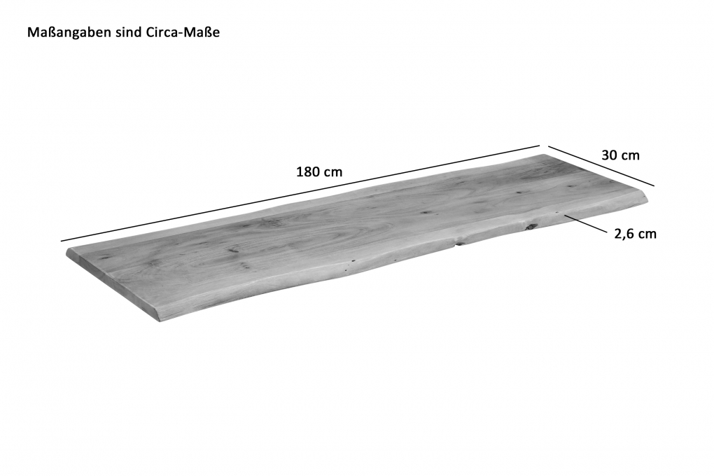 Holzplatte Arya mit echter Baumkante (einseitig), 180 x 30 cm, Akazienholz eichefarben, massiv & lackiert itemprop=