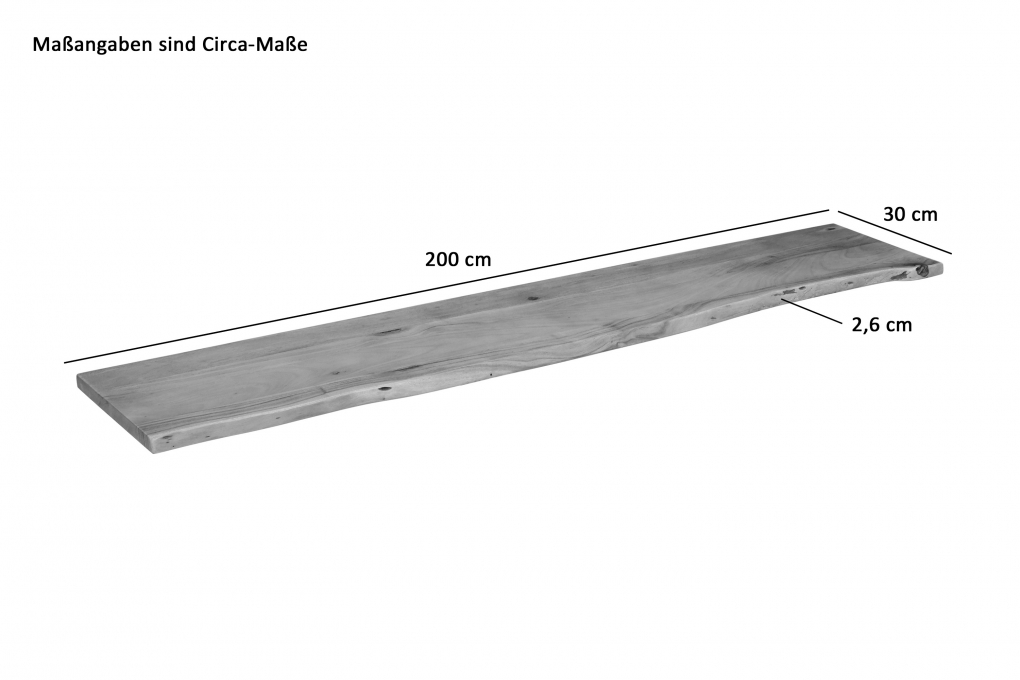 Holzplatte Arya mit echter Baumkante (einseitig), 200 x 30 cm, Akazienholz eichefarben, massiv & lackiert itemprop=