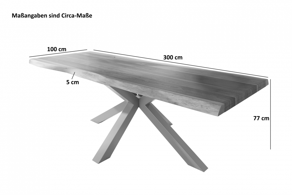 Esstisch Baumkante massiv Akazie Natur 300 x 100 Spider-Gestell silber ATLAS itemprop=