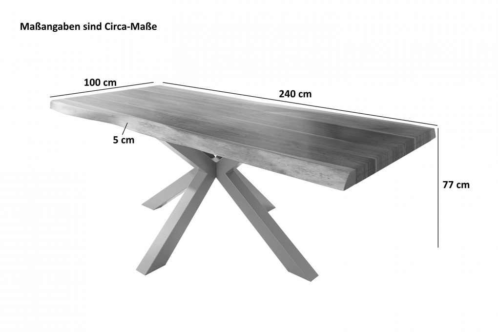 Esstisch Baumkante massiv Akazie Natur 240 x 100 Spider-Gestell silber ATLAS itemprop=