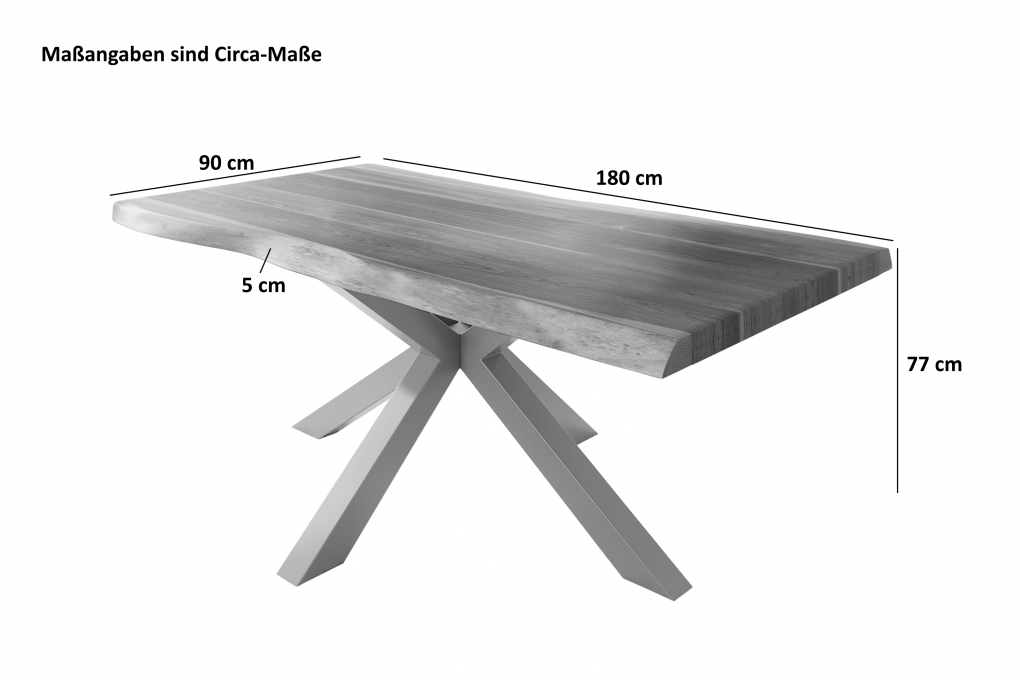 Esstisch Baumkante massiv Akazie Natur 180 x 90 Spider-Gestell silber ATLAS itemprop=