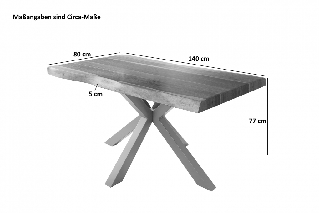 Esstisch Baumkante massiv Akazie Natur 140 x 80 Spider-Gestell silber ATLAS itemprop=