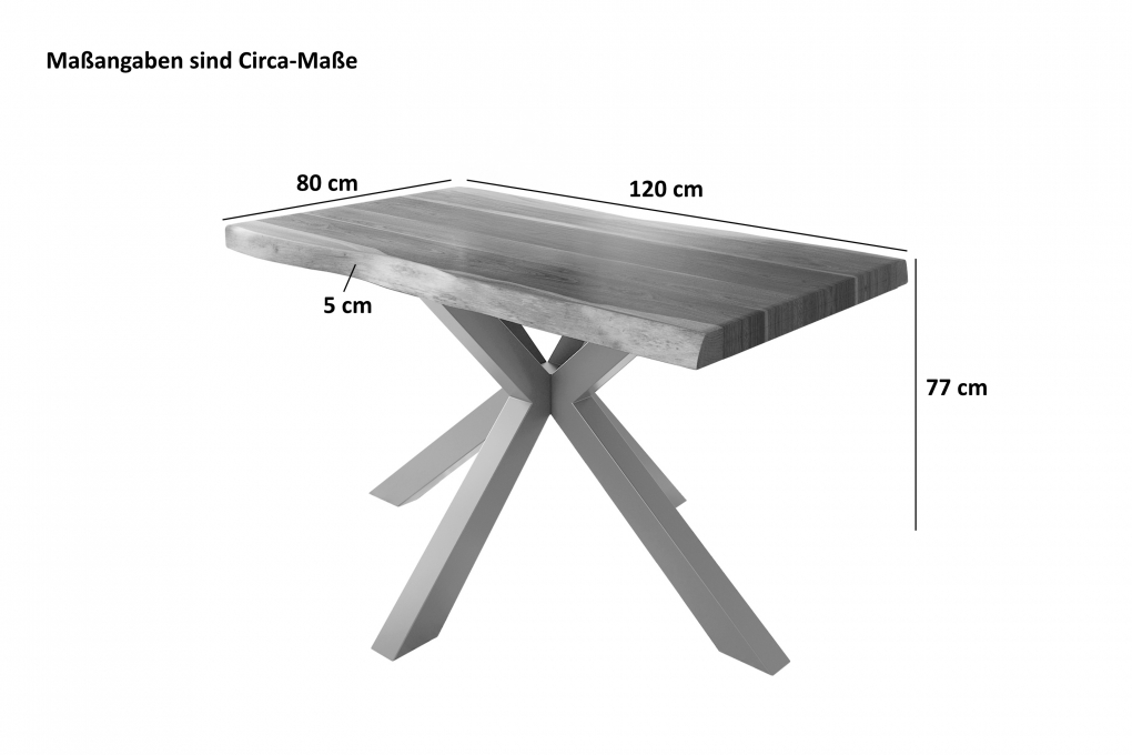 Esstisch Baumkante massiv Akazie Natur 120 x 80 Spider-Gestell silber ATLAS itemprop=