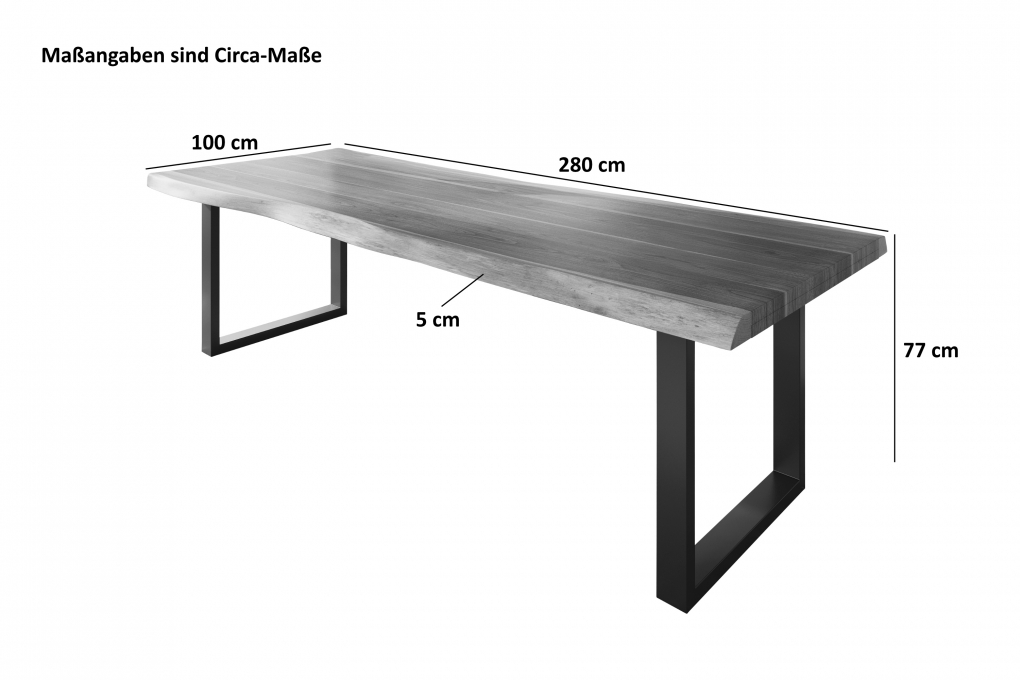 Esstisch Baumkante massiv Akazie Nussbaum 280 x 100 U-Gestell silber ATLAS itemprop=