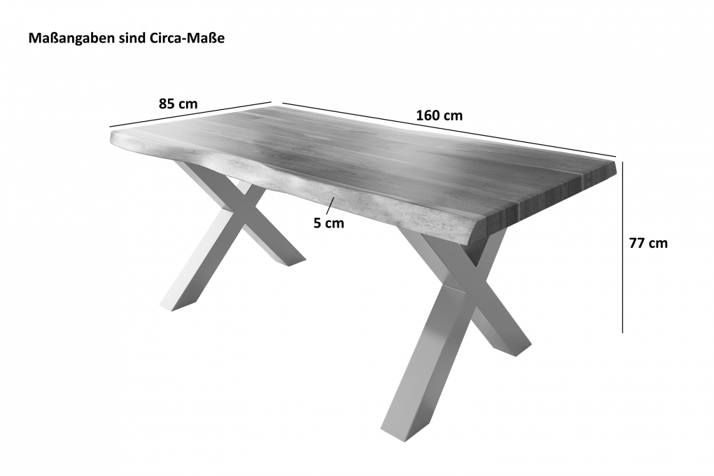 Esstisch Baumkante massiv Akazie Natur 160 x 85 X-Gestell schwarz ATLAS itemprop=