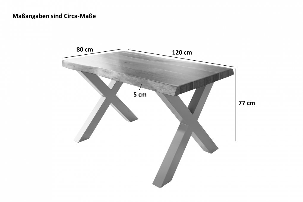 Esstisch Baumkante massiv Akazie Nuss 120 x 80 X-Gestell schwarz ATLAS itemprop=