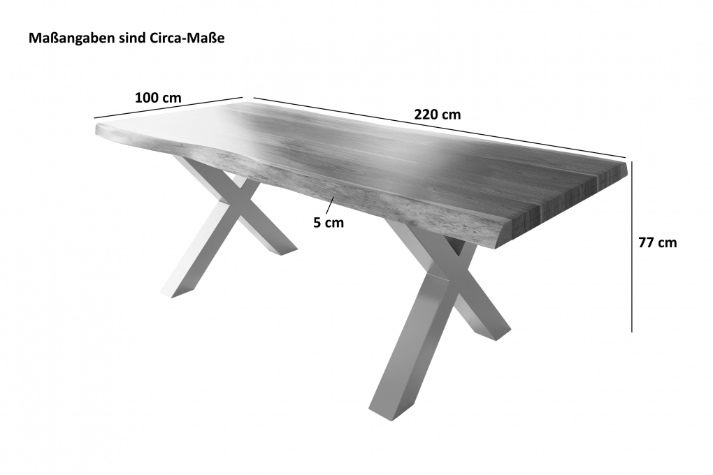 Esstisch Baumkante massiv Akazie Nuss 220 x 100 X-Gestell schwarz ATLAS itemprop=