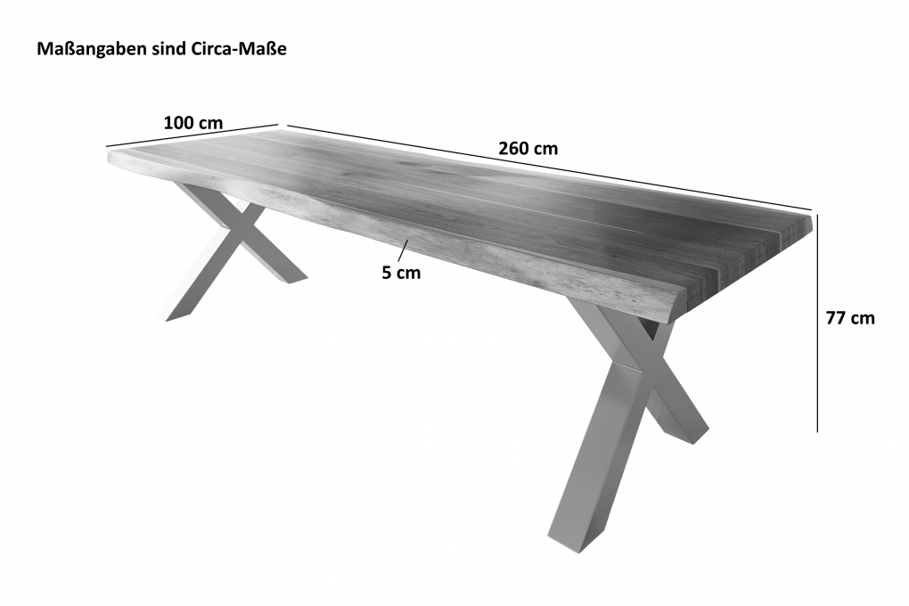 Esstisch Baumkante massiv Akazie Nuss 260 x 100 X-Gestell silber ATLAS itemprop=