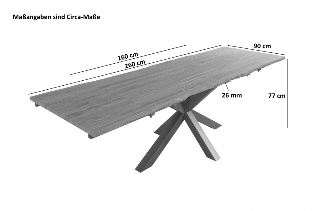 Baumkantentisch Akazie nougatfarben 160(260)x90 cm Ansteckplatten Spider-Gestell schwarz JANNIK itemprop=