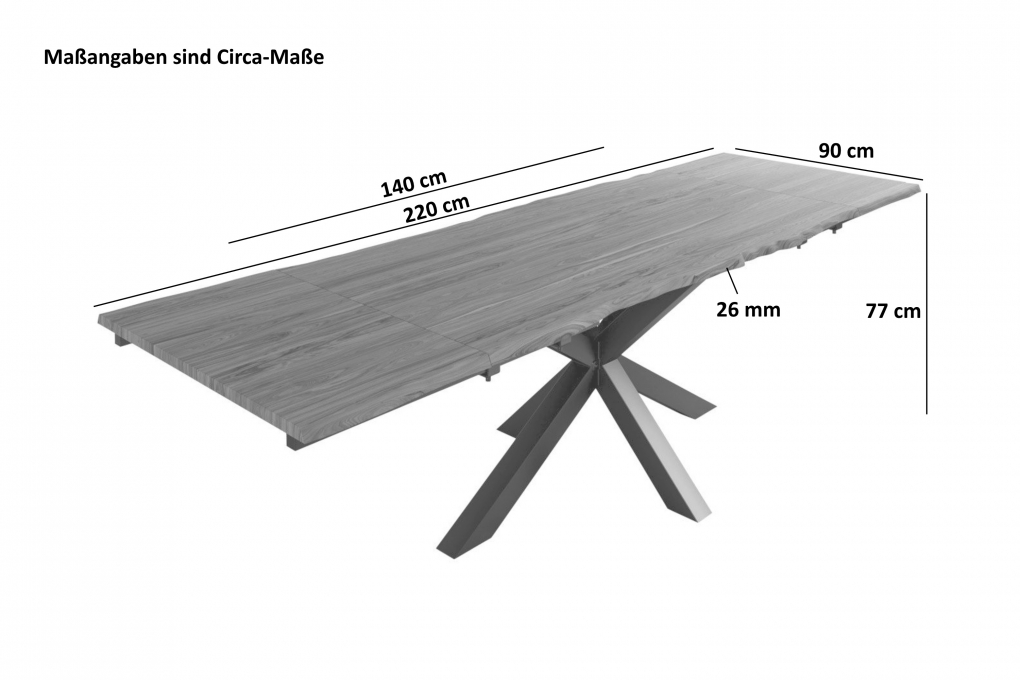 Baumkantentisch Akazie nougatfarben 140(220)x90 cm Ansteckplatten Spider-Gestell schwarz JANNIK itemprop=