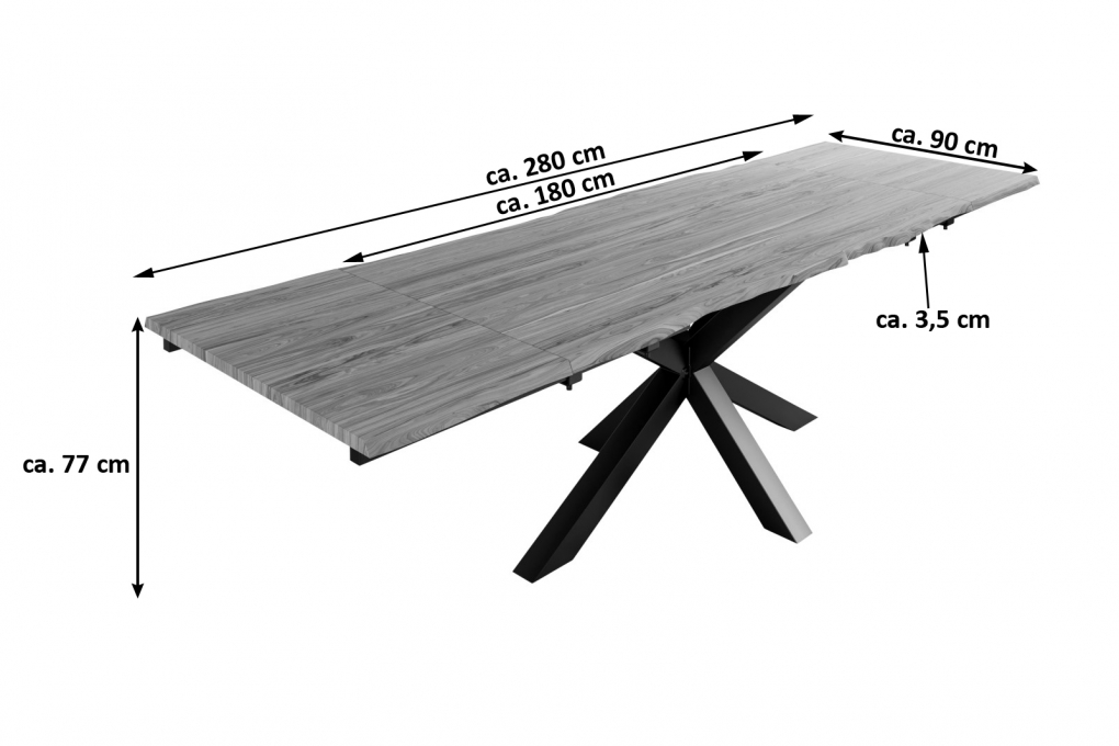 Baumkantentisch Akazie stonefarben 160(260)x90 cm Ansteckplatten Spider-Gestell schwarz JANOSH itemprop=