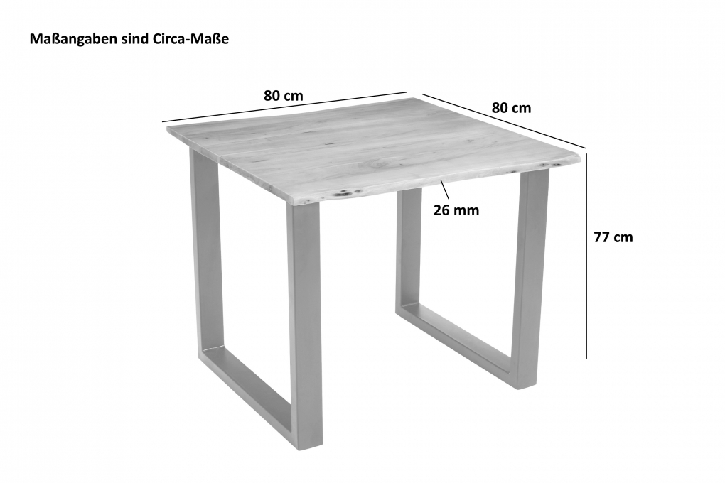 Esstisch Baumkante massiv Akazie eichefarben 80 x 80 cm silber DEREK itemprop=