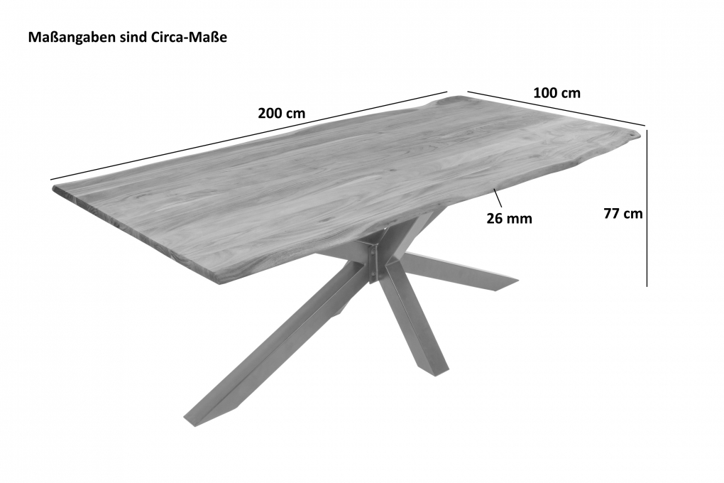 Esstisch Baumkante massiv Akazie eichefarben 200 x 100 cm Spider-Gestell schwarz DEREK itemprop=