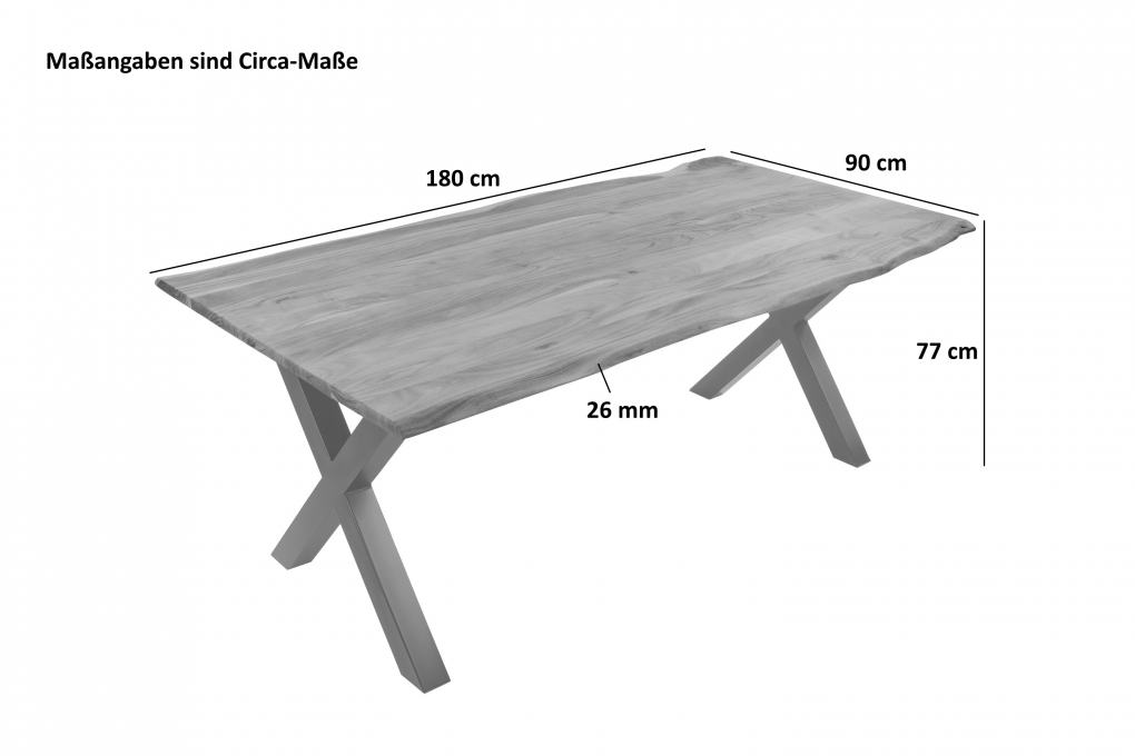 Esstisch Baumkante massiv Akazie eichefarben 180 x 90 cm X-Gestell schwarz DEREK itemprop=