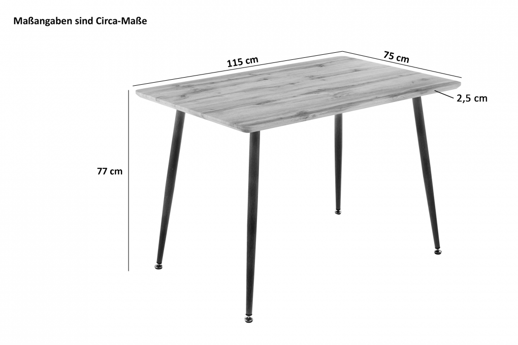 Esstisch Schweizer Kante MDF-Platte eichenfarben 115 x 75 4-Fuß-Gestell Metall schwarz MOLDE itemprop=