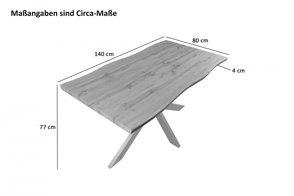 Esstisch Baumkante Holz Wildeiche-Optik 140 x 80 Spider-Gestell silber JOSY itemprop=