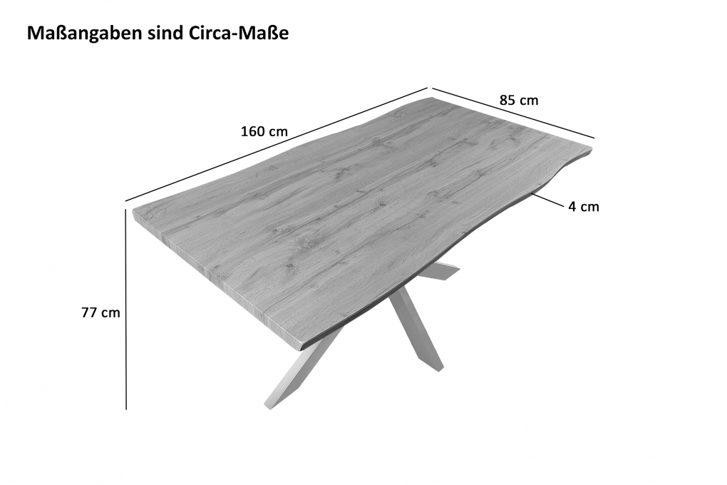 Esstisch Baumkante Holz Wildeiche-Optik 160 x 85 Spider-Gestell silber JOSY itemprop=