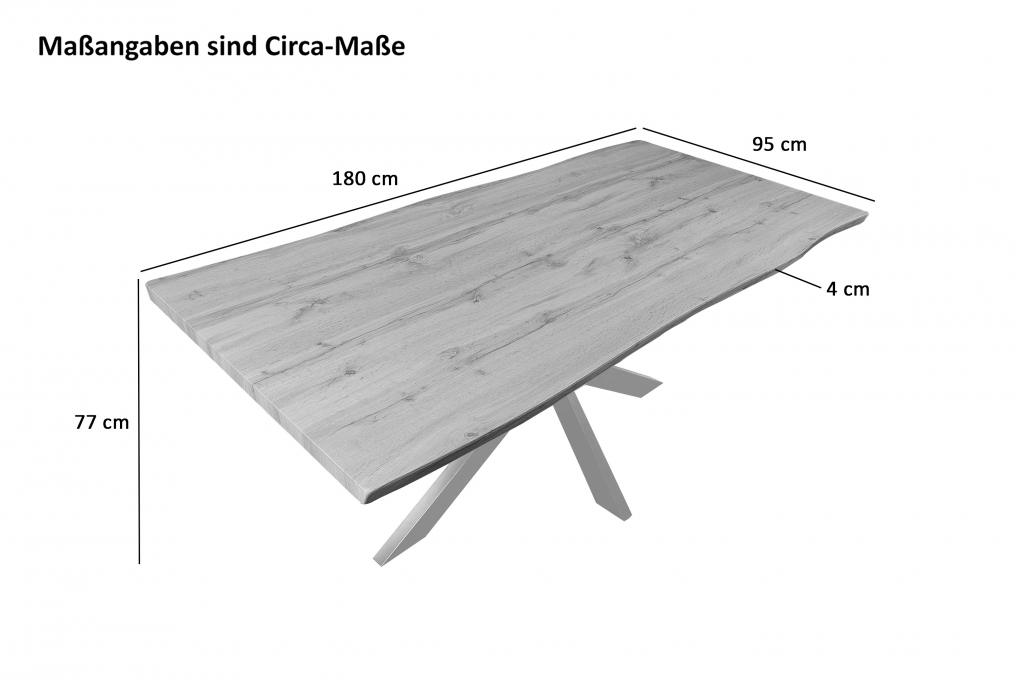 Esstisch Baumkante Holz Wildeiche-Optik 180 x 90 Spider-Gestell silber JOSY itemprop=