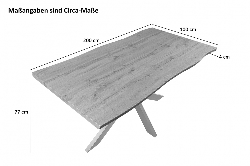 Esstisch Baumkante Holz Wildeiche-Optik 200 x 100 Spider-Gestell weiß JOSY itemprop=