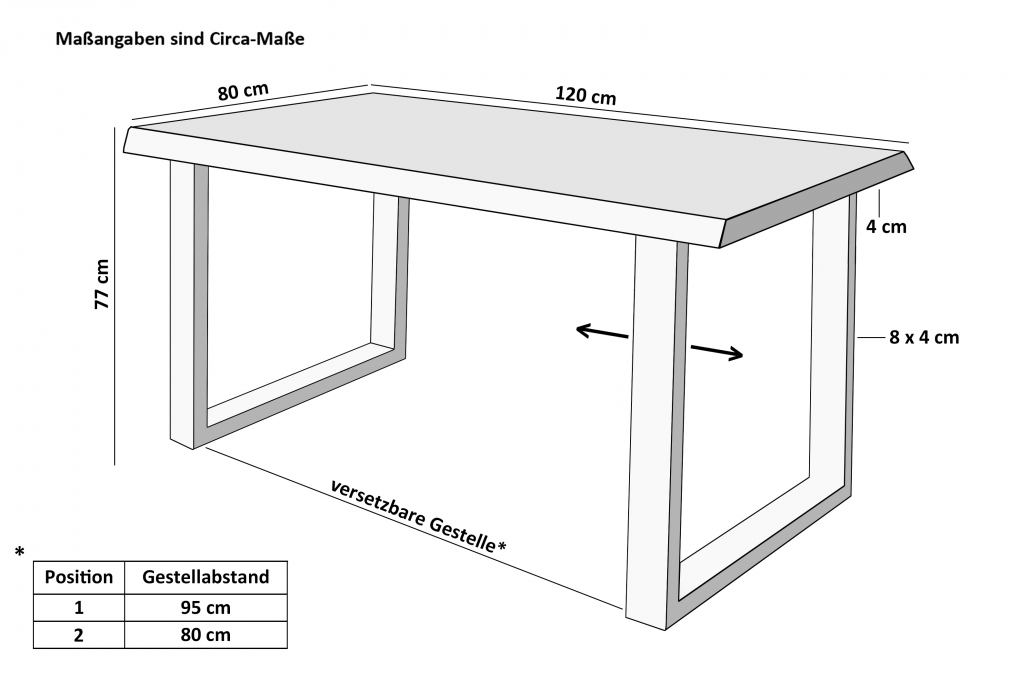 Esstisch Baumkante Holz Wildeiche-Optik 120 x 80 U-Gestell weiß JOSY itemprop=