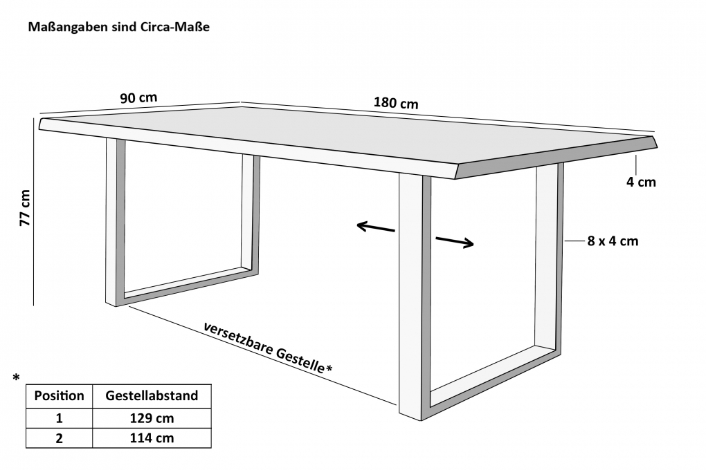 Esstisch Baumkante Holz Wildeiche-Optik 180 x 90 U-Gestell schwarz JOSY itemprop=