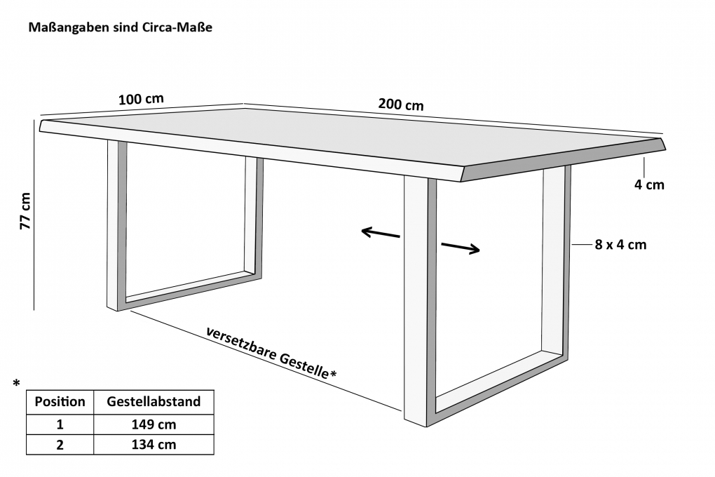 Esstisch Baumkante Holz Wildeiche-Optik 200 x 100 U-Gestell schwarz JOSY itemprop=