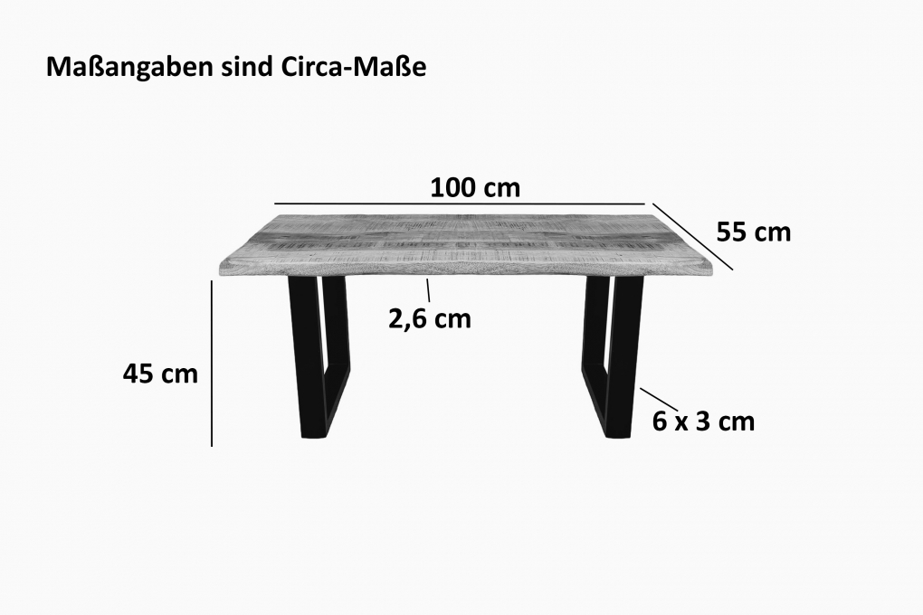 Couchtisch Baumkante Mangoholz massiv Natur/Rau 100 x 55 U-Gestell schwarz NAYLA itemprop=