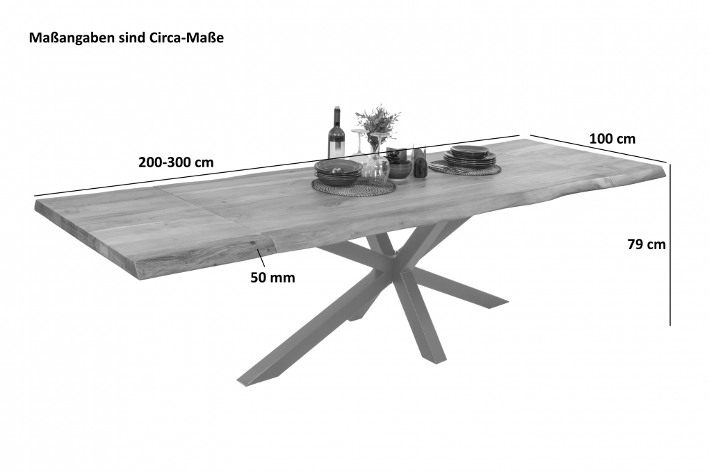 Esstisch Baumkante Akazie natur 200 (300) x 100 Spider-Gestell schwarz mit Ansteckplatten CALI itemprop=