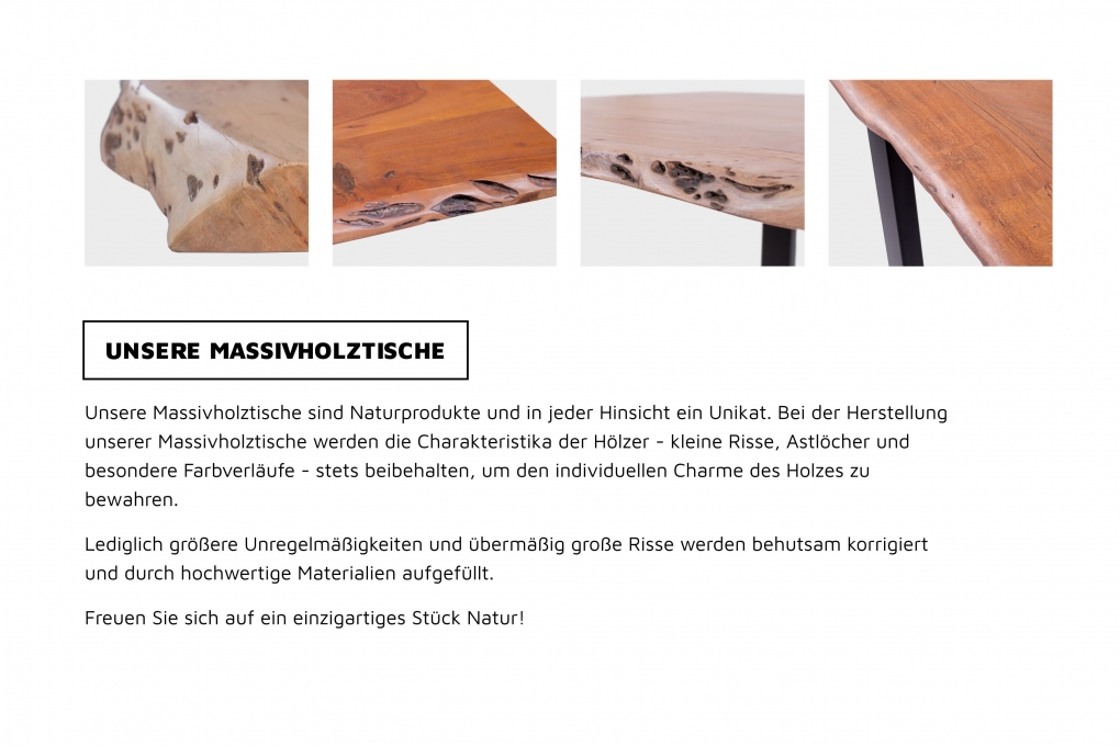 Esstisch Baumkante Akazie natur 200 (300) x 100 Spider-Gestell schwarz mit Ansteckplatten CALI itemprop=