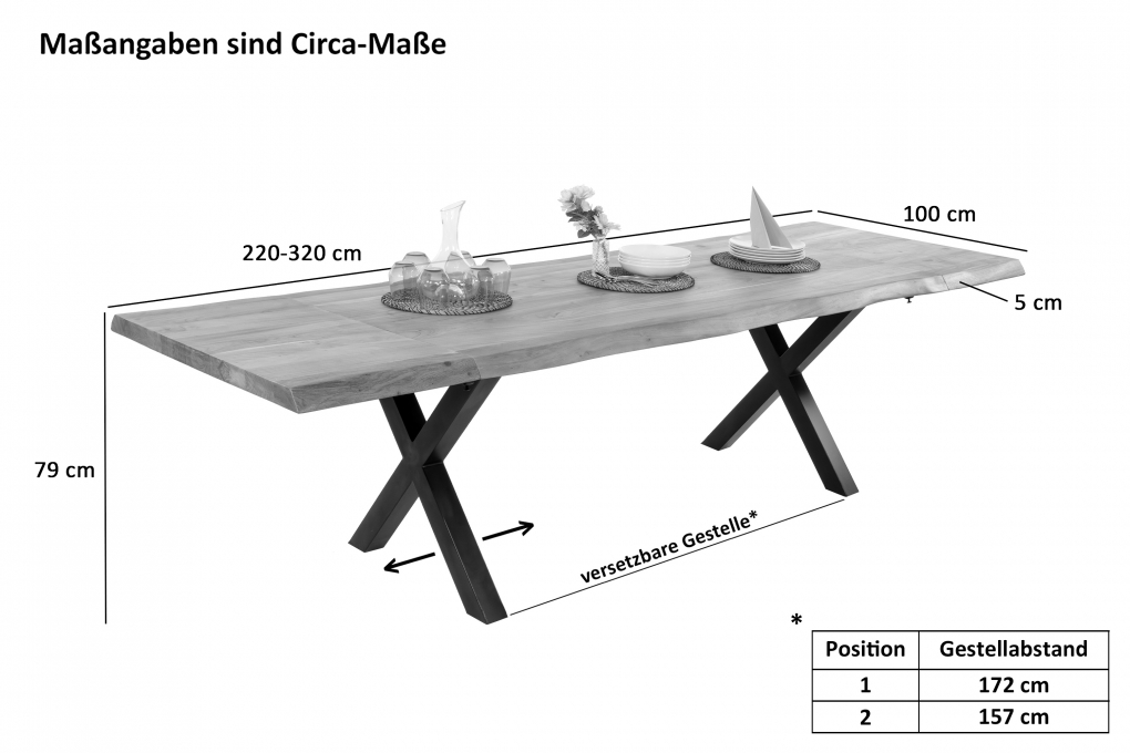 Esstisch Baumkante Akazie natur 220 (320) x 100 X-Gestell schwarz mit Ansteckplatten CALI itemprop=