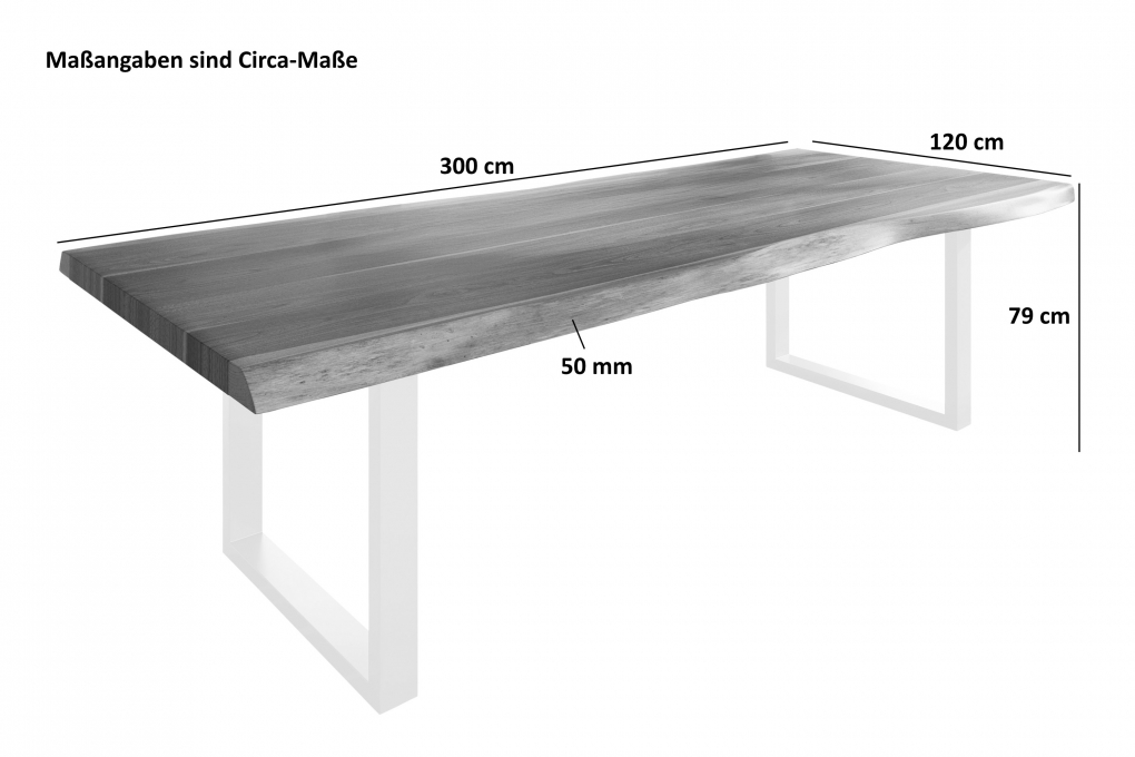 Esstisch Baumkante massiv Akazie natur 300 x 120 U-Gestell Metall silber TITAN itemprop=