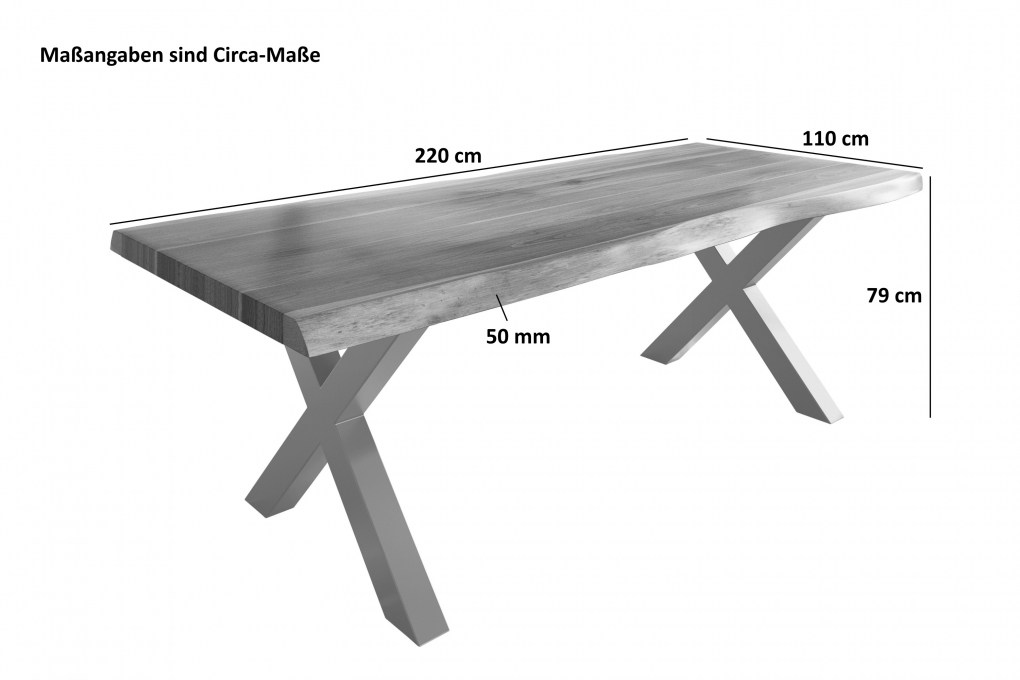 Esstisch Baumkante massiv Akazie natur 220 x 110 X-Gestell Metall schwarz TITAN itemprop=