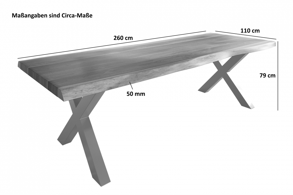 Esstisch Baumkante massiv Akazie nussbaumfarben 260 x 110 X-Gestell Metall schwarz TITAN itemprop=