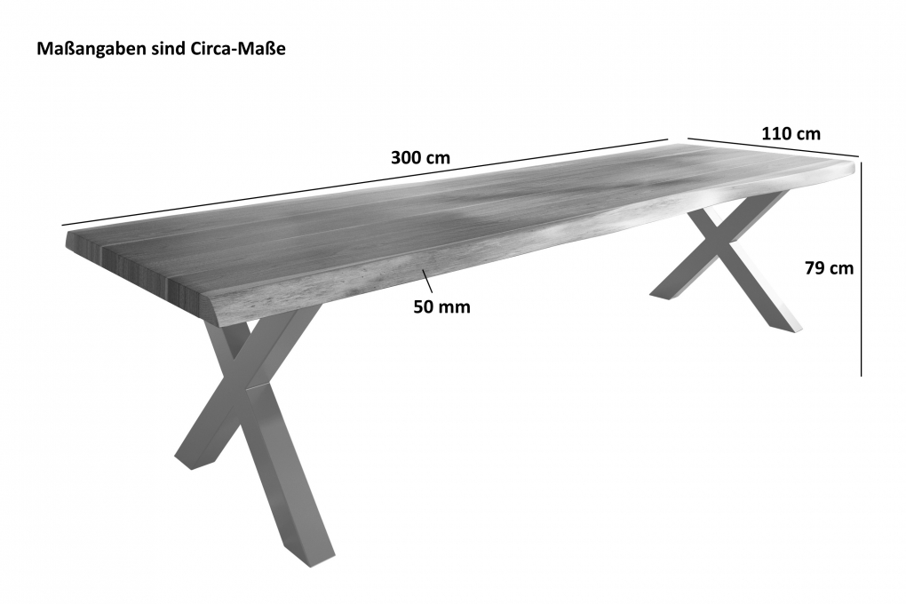 Esstisch Baumkante massiv Akazie natur 300 x 110 X-Gestell Metall schwarz TITAN itemprop=