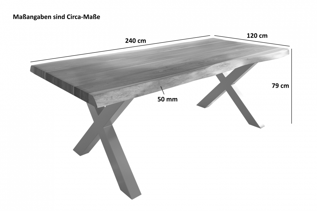 Esstisch Baumkante massiv Akazie natur 240 x 120 X-Gestell Metall schwarz TITAN itemprop=