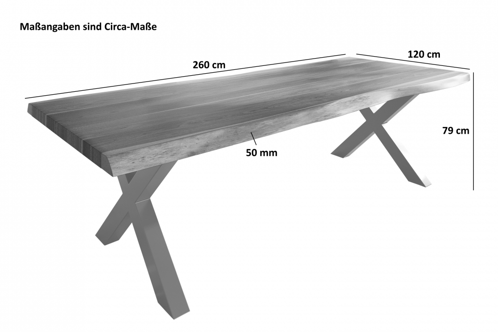 Esstisch Baumkante massiv Akazie nussbaumfarben 260 x 120 X-Gestell Metall schwarz TITAN itemprop=