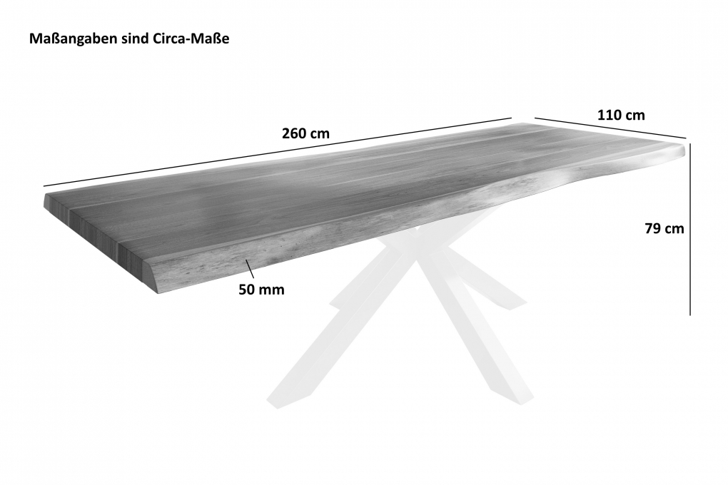 Esstisch Baumkante massiv Akazie nussbaumfarben 260 x 110 Spider-Gestell Metall schwarz TITAN itemprop=