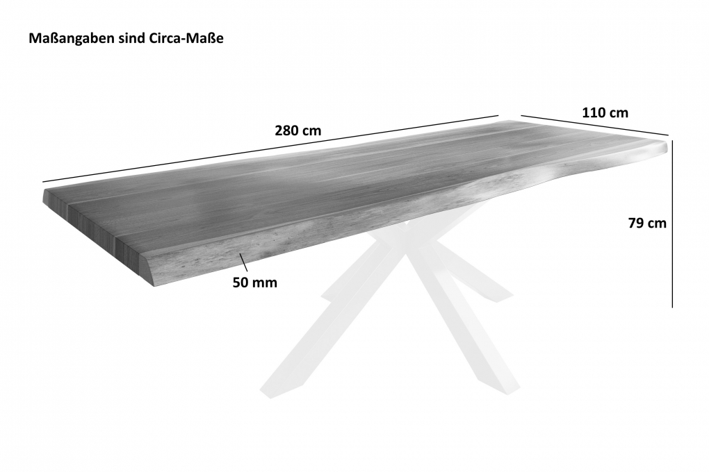 Esstisch Baumkante massiv Akazie natur 280 x 110 Spider-Gestell Metall schwarz TITAN itemprop=