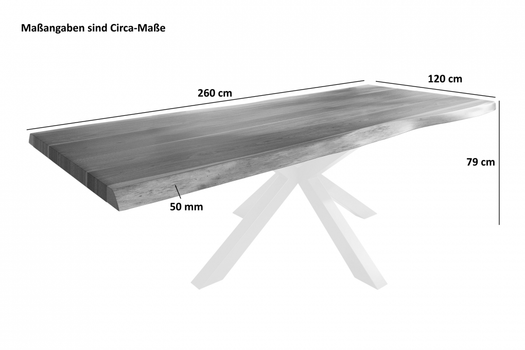 Esstisch Baumkante massiv Akazie nussbaumfarben 260 x 120 Spider-Gestell Metall schwarz TITAN itemprop=