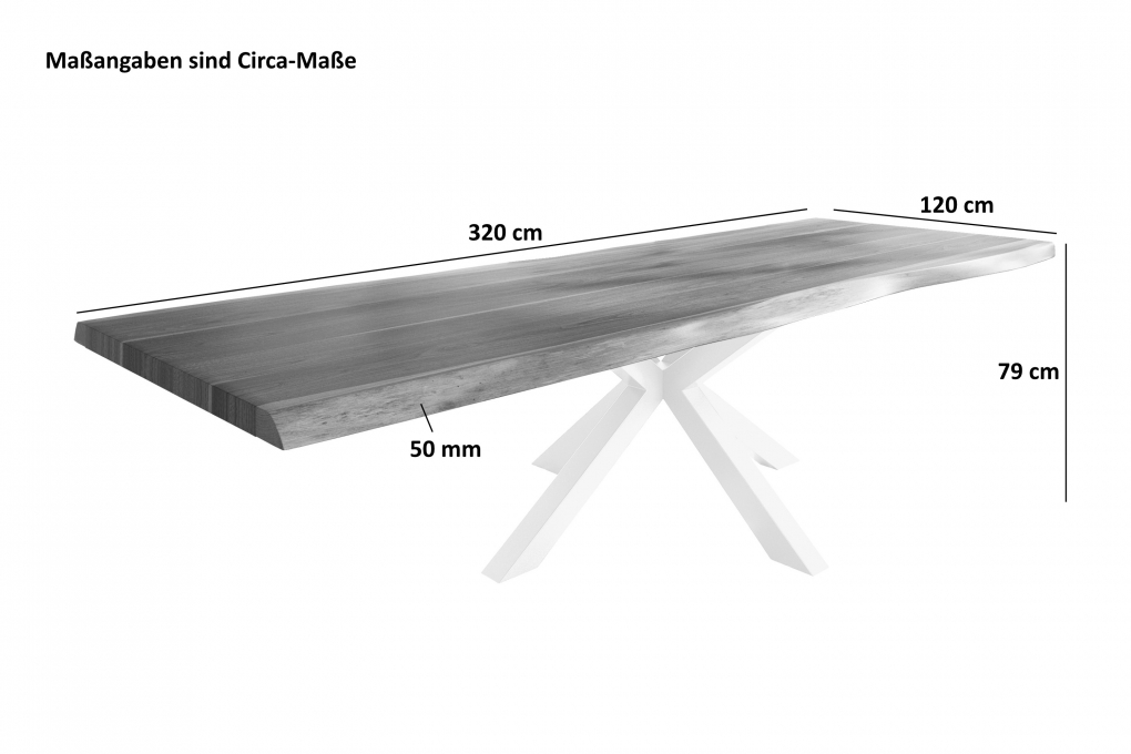 Esstisch Baumkante massiv Akazie nussbaumfarben 320 x 120 Spider-Gestell Metall schwarz TITAN itemprop=