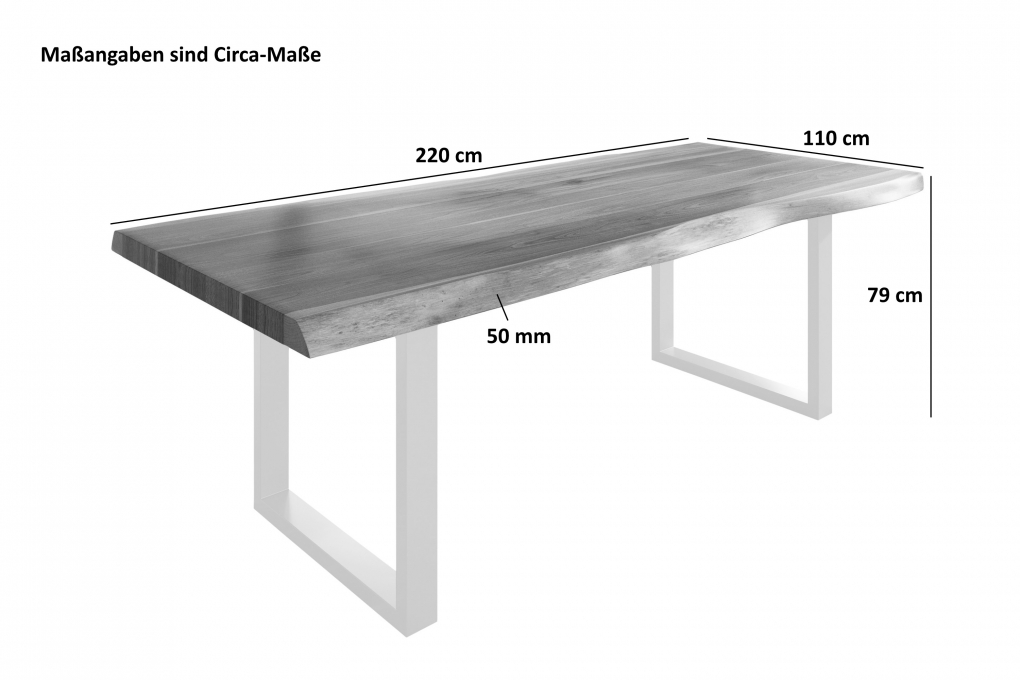 Esstisch Baumkante massiv Akazie natur 220 x 110 U-Gestell Metall weiß TITAN itemprop=