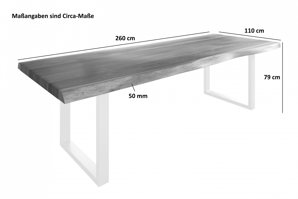 Esstisch Baumkante massiv Akazie natur 260 x 110 U-Gestell Metall weiß TITAN itemprop=