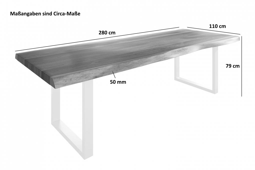 Esstisch Baumkante massiv Akazie natur 280 x 110 U-Gestell Metall weiß TITAN itemprop=