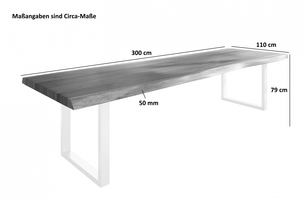 Esstisch Baumkante massiv Akazie natur 300 x 110 U-Gestell Metall weiß TITAN itemprop=