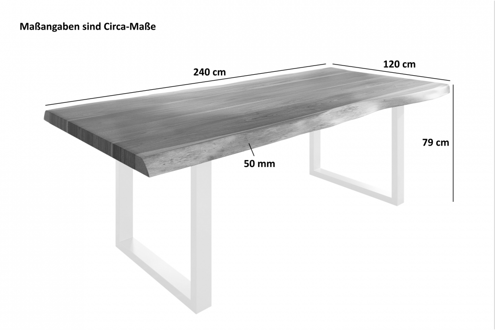 Esstisch Baumkante massiv Akazie nussbaumfarben 240 x 120 U-Gestell Metall weiß TITAN itemprop=